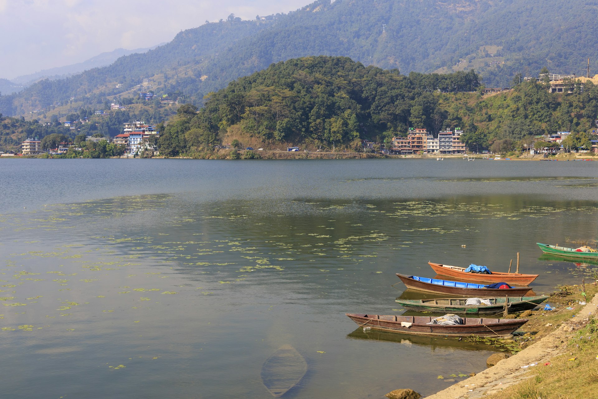 Colorful boats on Phewa Lake in Pokhara